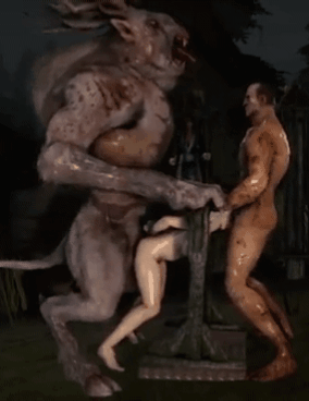 Babe in pillory gets brutal sex with two monsters